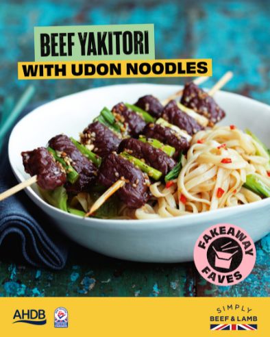 Bowl with beef yakitori and udon noodles.